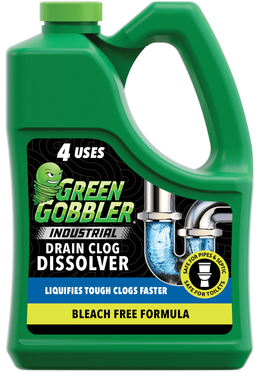 Close-up front view of a green Green Gobbler industrial drain clog dissolver bottle with label