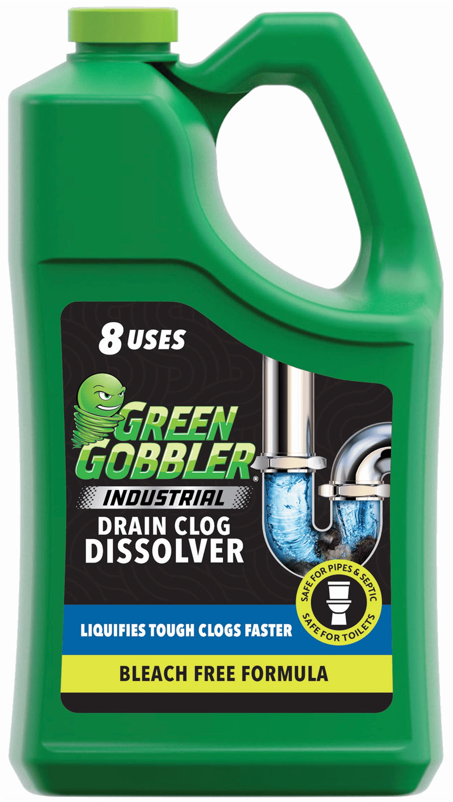Green Gobbler one-gallon green jug labeled Industrial Drain Clog Dissolver with pipe graphic