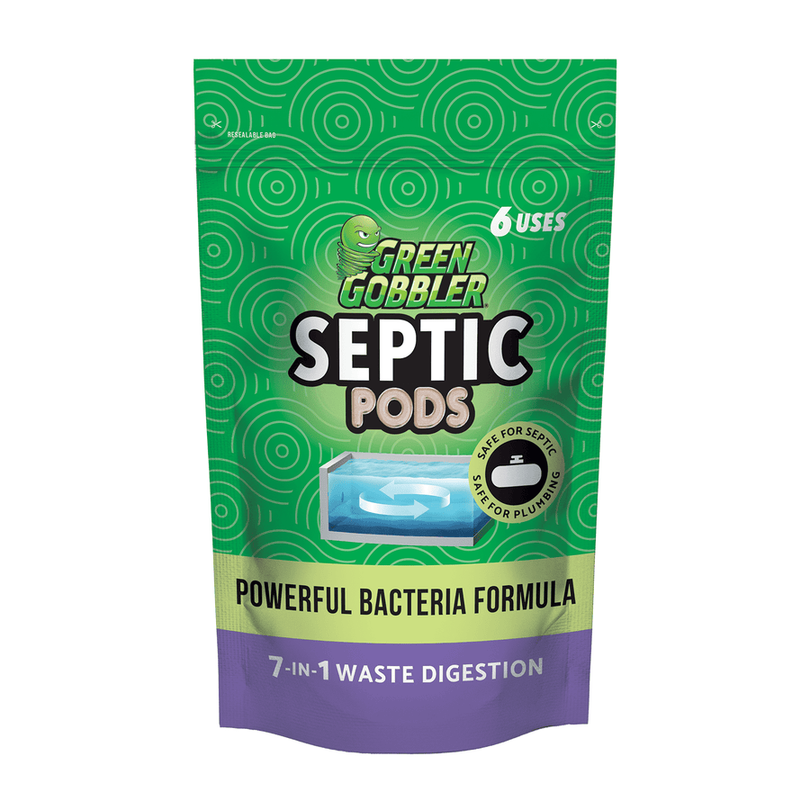 Green Gobbler Septic Pods front pouch with green swirl design, product name and septic graphic