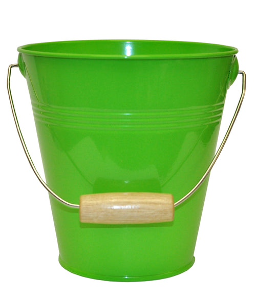 Bright green metal pail with a thin metal bail and a wooden grip, shown on white background.