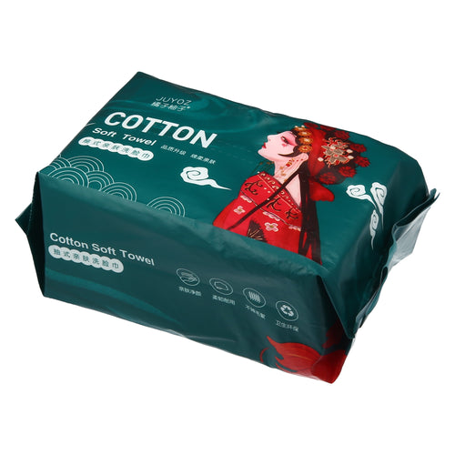 Green packaged cotton soft towel pack with decorative illustration and visible product icons on the side