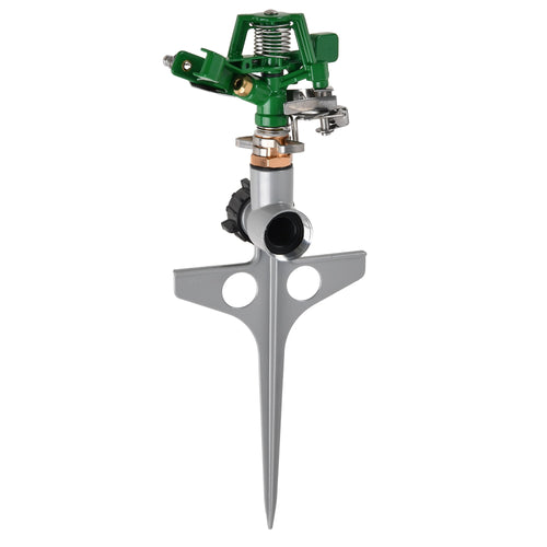 Metal spike lawn sprinkler with green pulsating head and silver stake on white background