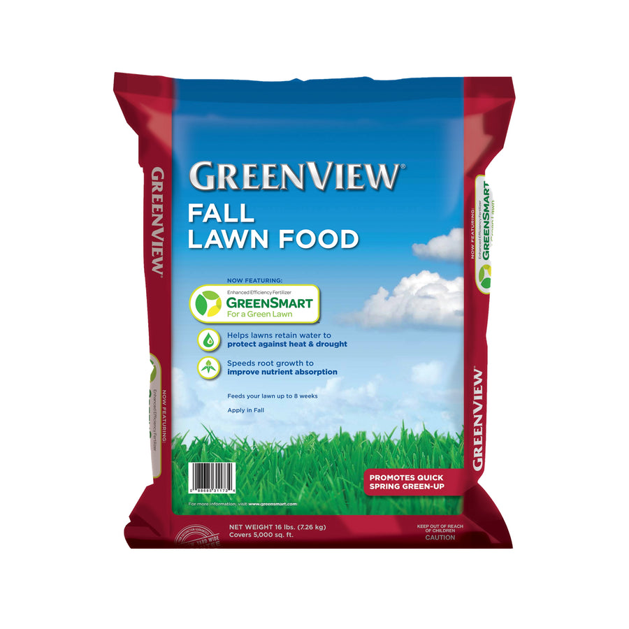 Front-facing bag of GreenView Fall Lawn Food with blue sky graphic and green grass at bottom
