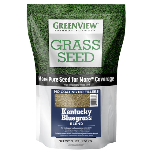Front-facing GreenView bag labeled GRASS SEED Kentucky Bluegrass blend with clear seed window and net weight
