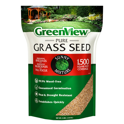 Front of a GreenView Pure Grass Seed sunny mixture bag showing branding, coverage callout and seed window.
