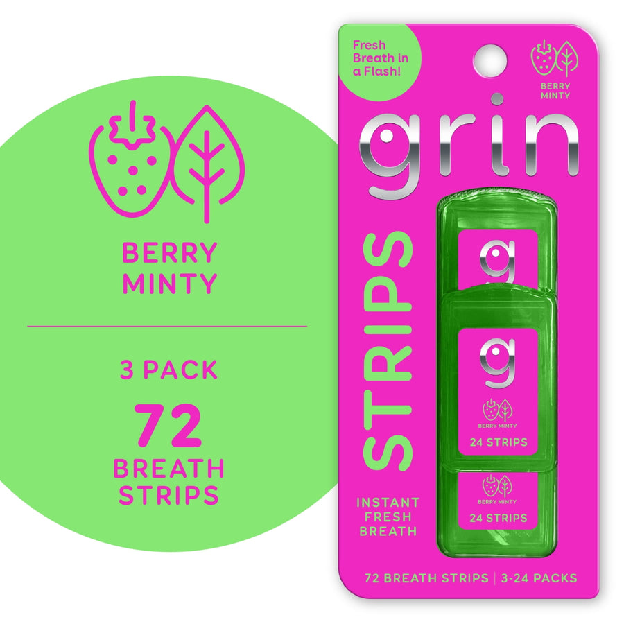 Pink and green Grin Strips berry minty blister card showing three green strip cases and 72 total strips callout.