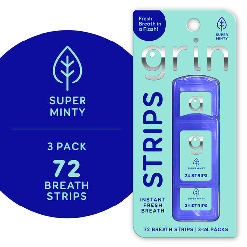 Packaged Grin Strips super minty breath strips blister card showing three blue strip cases and 72-count callout