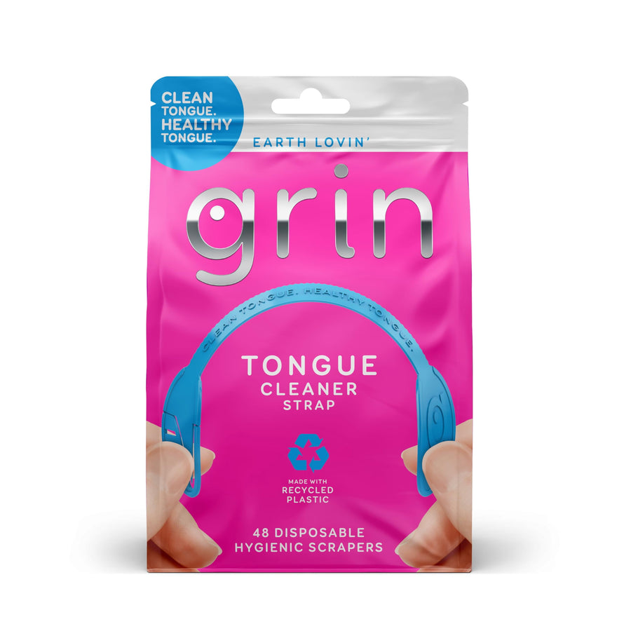 Pink resealable pouch of GRIN Tongue Cleaner Strap with blue arch graphic and recycling symbol