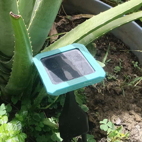 Close-up of a turquoise solar-powered garden stake with a square panel placed beside an aloe plant in soil.