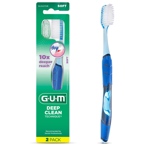 G•U•M Deep Clean toothbrush in green blister pack with blue-handled brush visible and 2-pack label