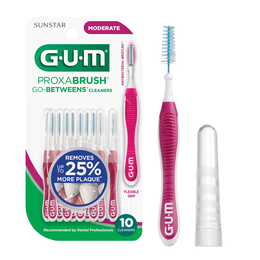 Blister pack of GUM Proxabrush Go-Betweens with ten pink-handled interdental brushes plus one brush and clear cap