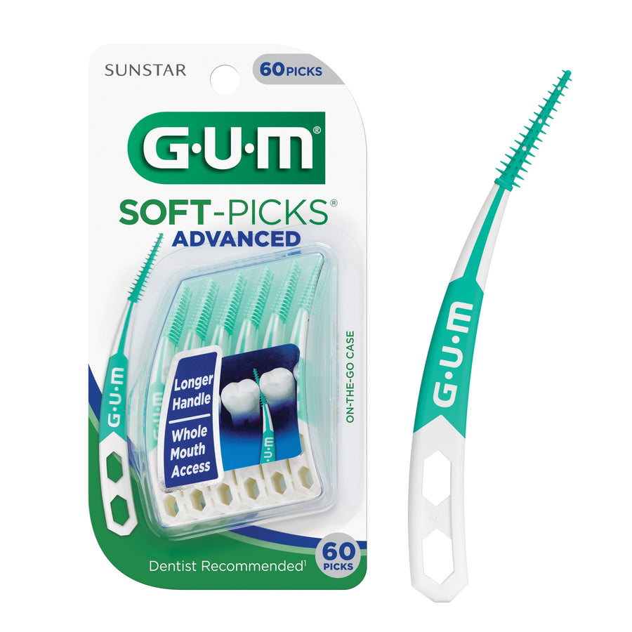 Packaged GUM Soft-Picks Advanced display with visible on-the-go case and teardrop-shaped handle illustration