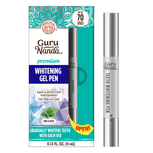 Guru Nanda premium whitening gel pen next to its teal-and-white retail box with mint graphic