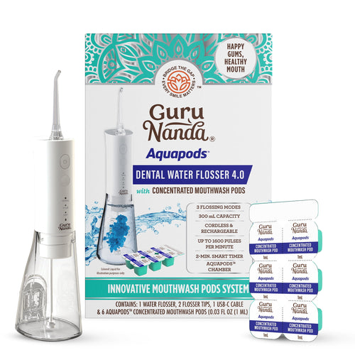 GuruNanda Aquapods Dental Water Flosser with clear 300ml tank, device and pod packaging displayed on white background