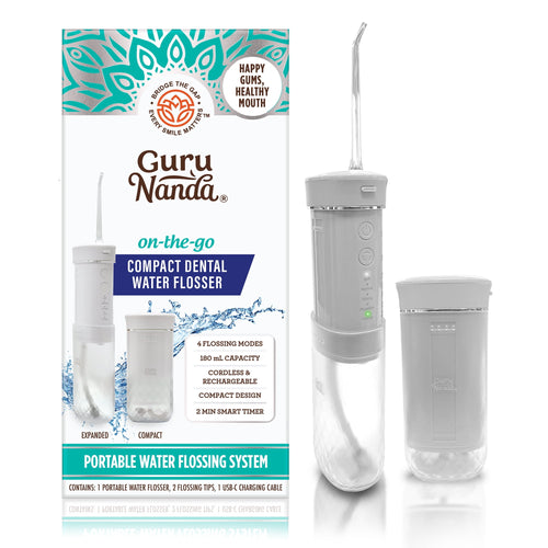 GuruNanda on-the-go compact dental water flosser with box packaging and the device shown next to a detachable water tank