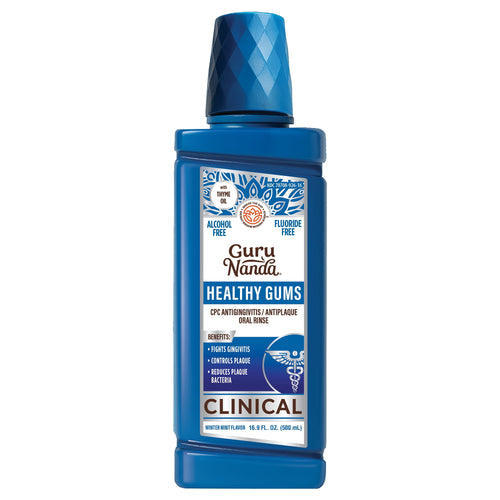 Blue bottle of GuruNanda Healthy Gums clinical mouthwash with product label visible