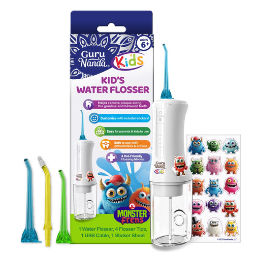White GuruNanda Kids water flosser with blue tip, extra colored nozzles and Monster Frens sticker sheet beside product packaging.