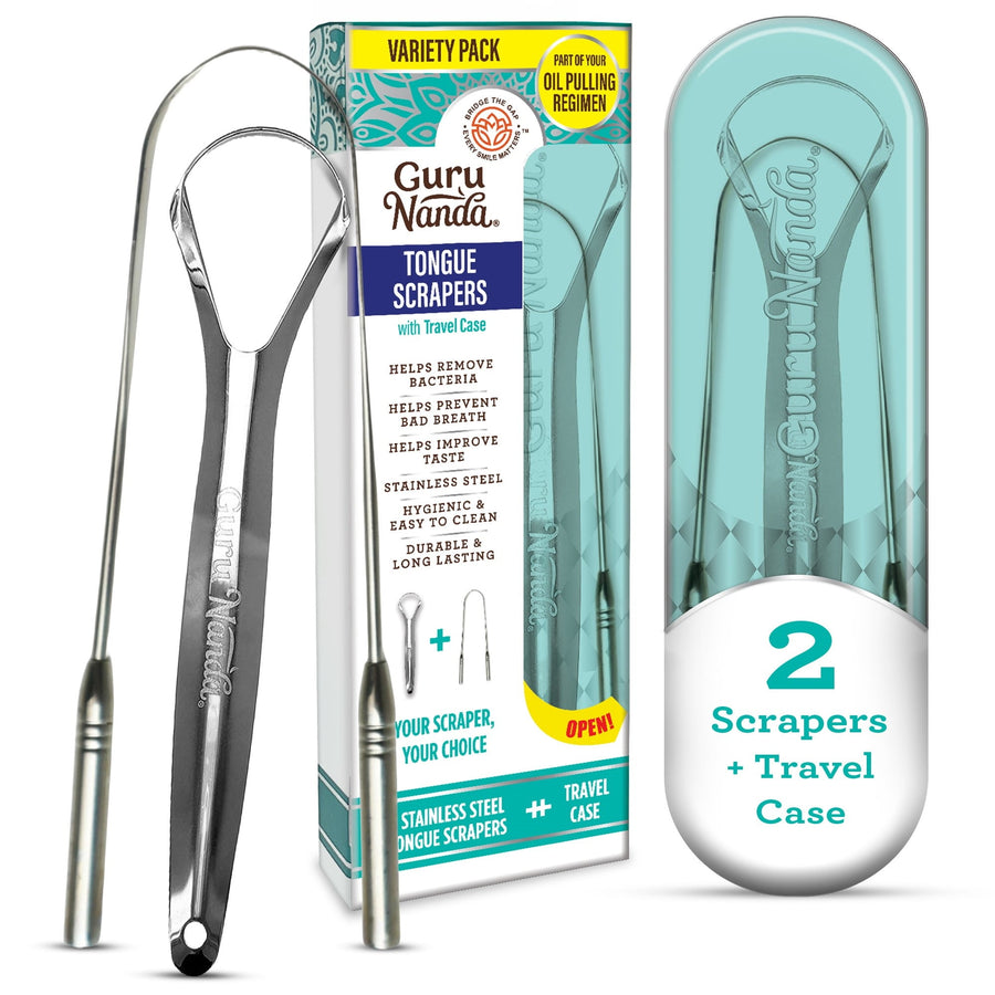 GuruNanda tongue scrapers and teal travel case shown alongside branded retail box displaying product benefits and two-scrapers callout.