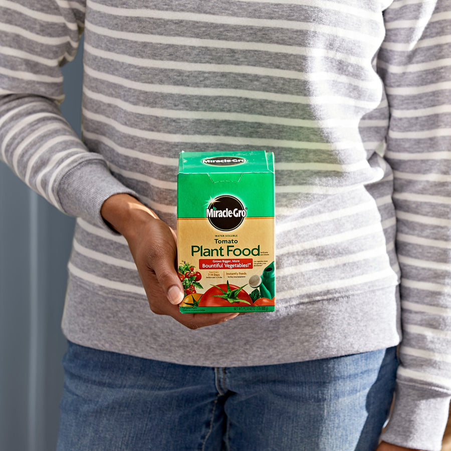 Person holding a boxed Miracle-Gro tomato plant food in front of their torso, showing product branding and label