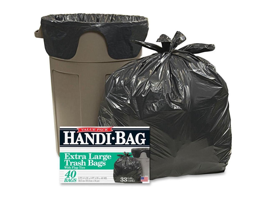 Handi-Bag branded box with a tied black trash bag and a black-lined beige wastebasket, product display