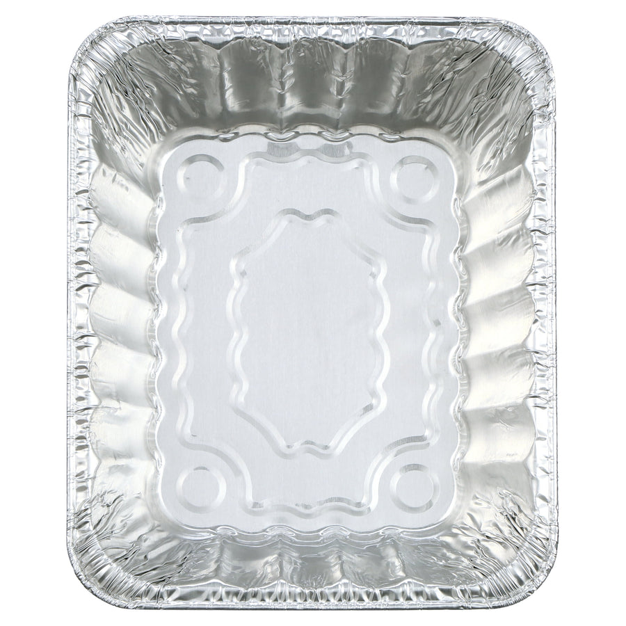 Top-down view of an empty rectangular disposable aluminum pan showing embossed base pattern and fluted sides