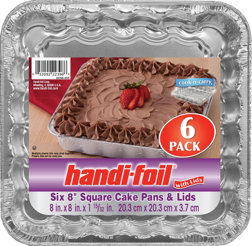 Close-up of Handi-foil branded label on an 8x8 aluminum square cake pan showing a frosted cake image and prominent 6 pack badge