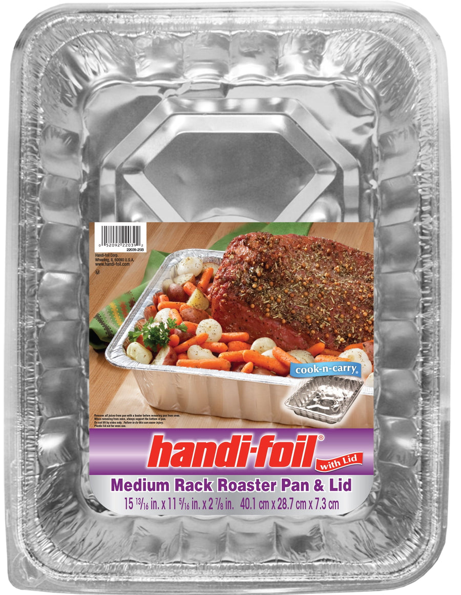 Top-down view of a Handi-Foil medium aluminum roaster pan with full product label showing roast and vegetables