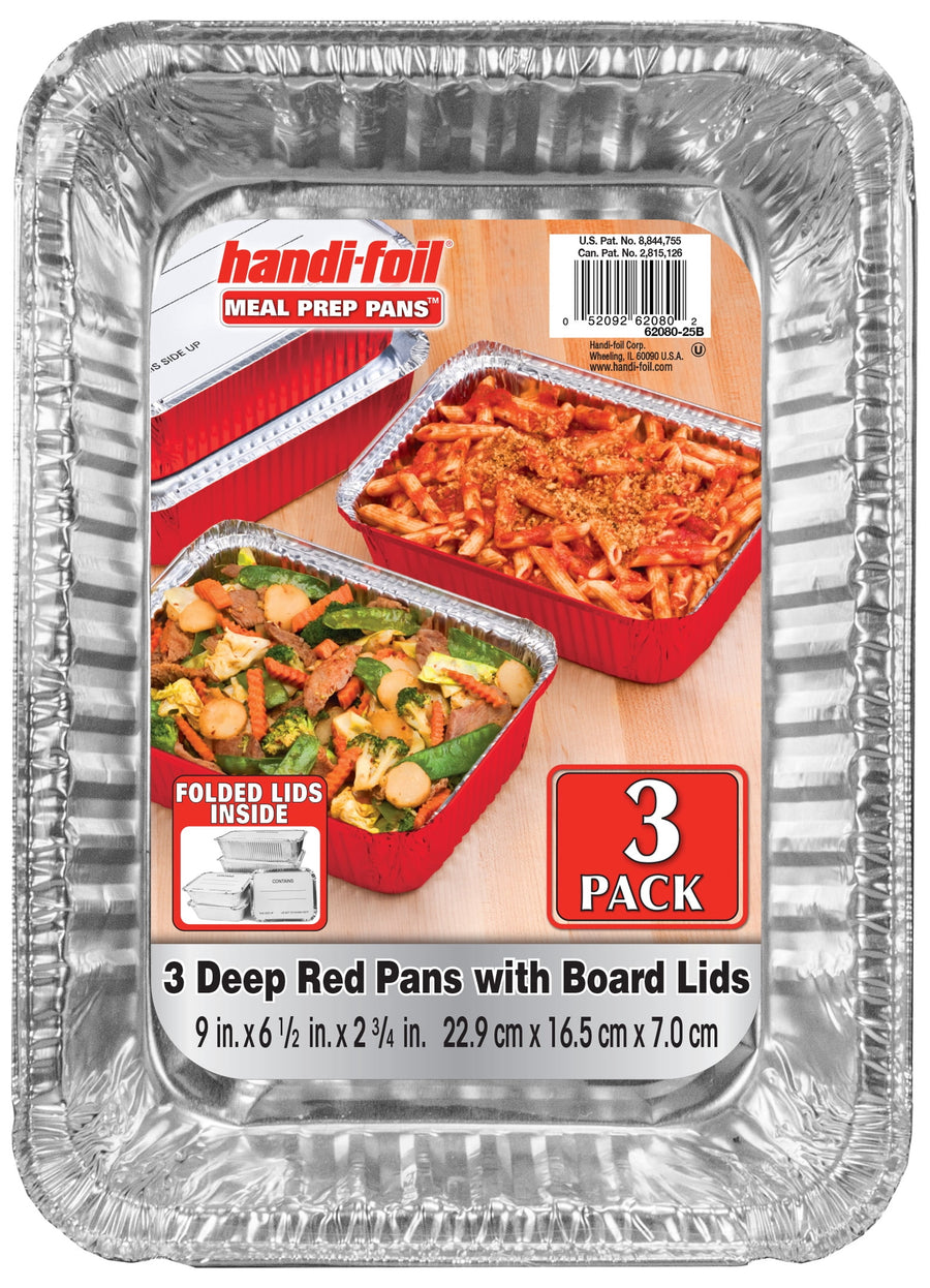 Close-up of Handi-foil meal prep pan packaging label showing red pans with food images and a prominent 3 pack badge