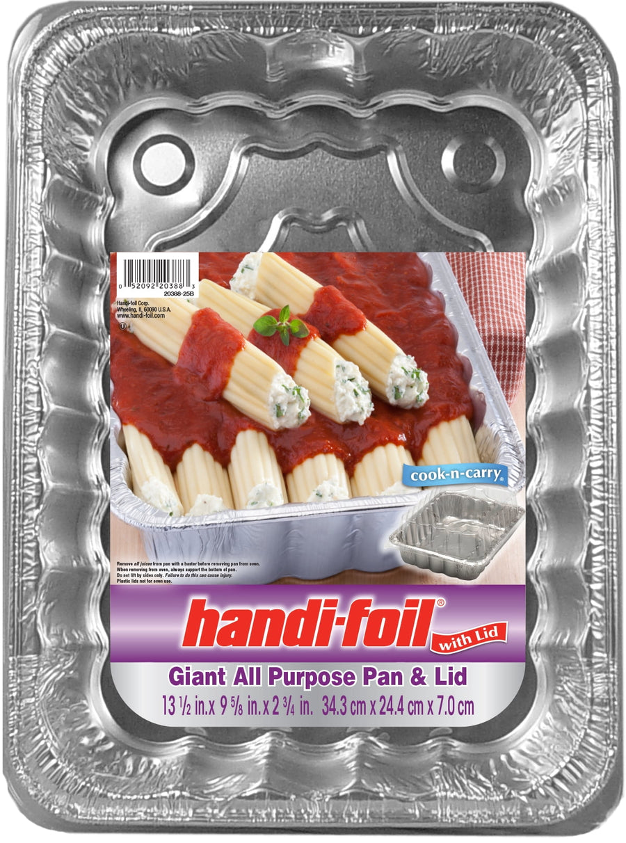 Close-up of a Handi-Foil branded aluminum pan label showing stuffed pasta photo and product text