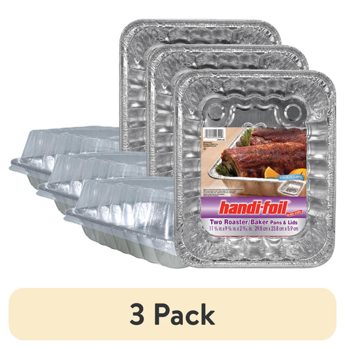 Stack of three aluminum roaster pans with clear plastic lids and Handi-Foil label showing a roasted meat image