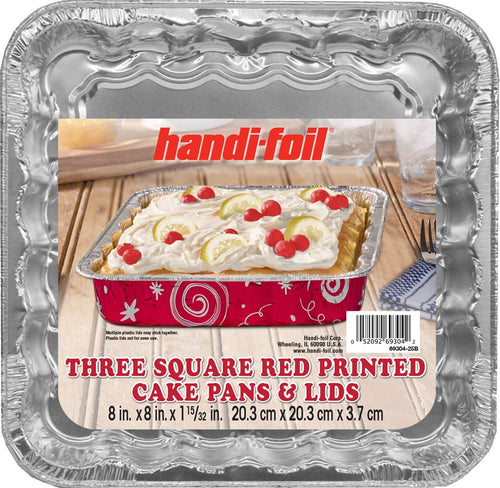 Close-up of a Handi-foil labeled 8-inch square aluminum pan showing packaging label with cake photo and product text