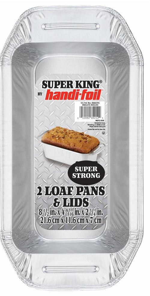 Close-up of a Handi-Foil Super King aluminum loaf pan label reading '2 Loaf Pans & Lids' and dimensions