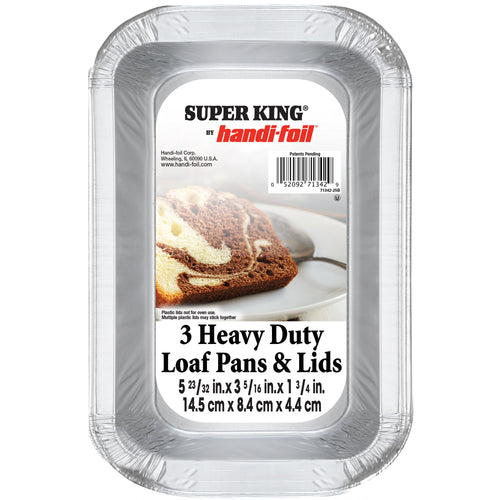 Close-up front view of labeled Handi-Foil Super King aluminum loaf pan packaging showing product label and barcode