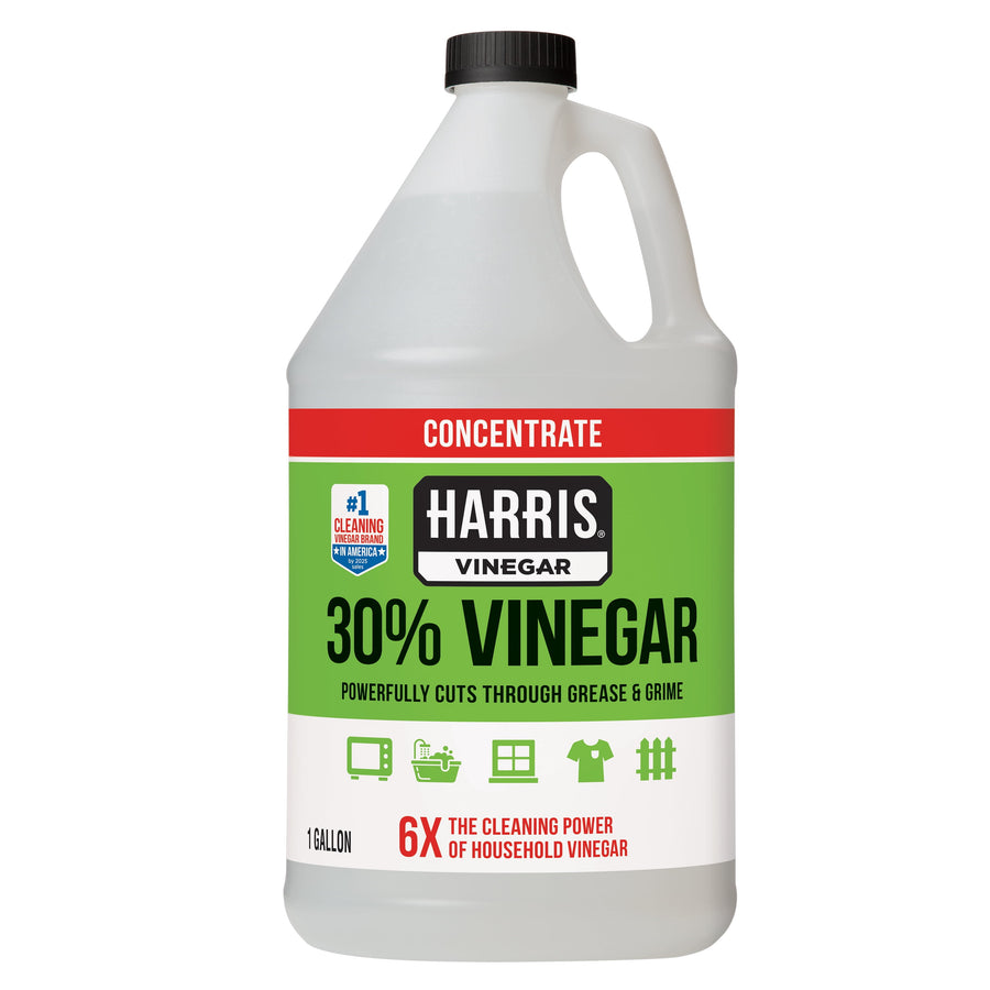 Clear one-gallon Harris bottle labeled 30% vinegar concentrate with green and red label