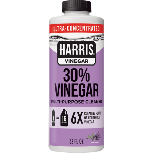 Front-facing Harris 30% vinegar lavender concentrate bottle with clear product label