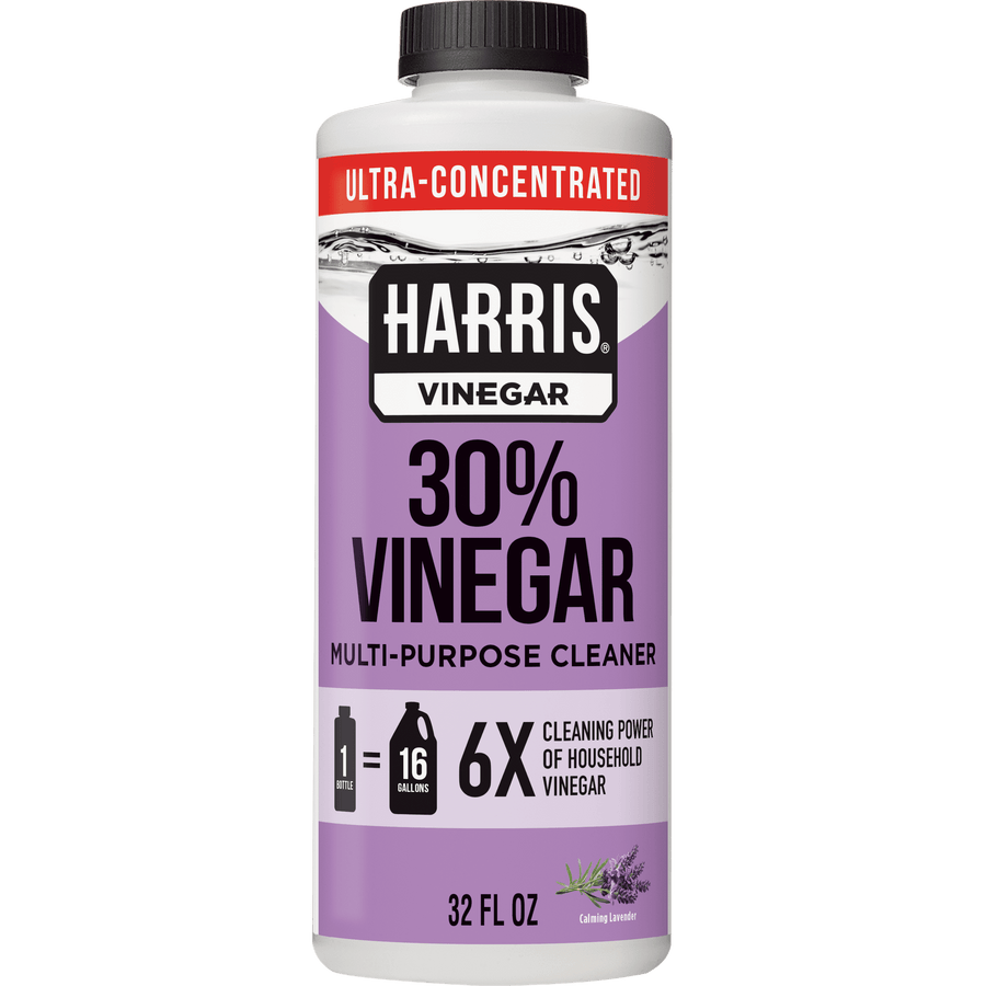 Front-facing Harris 30% vinegar lavender concentrate bottle with clear product label