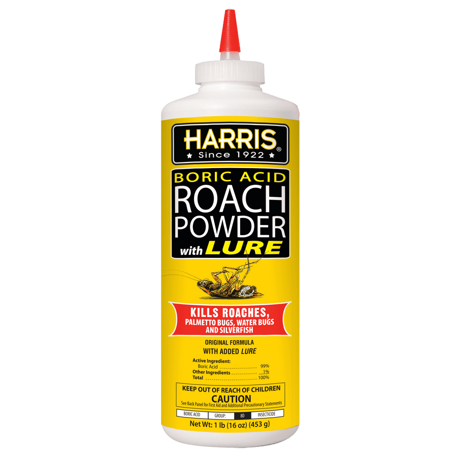 Tall white squeeze bottle of Harris Boric Acid Roach Powder with lure, yellow label and red nozzle cap, product front view
