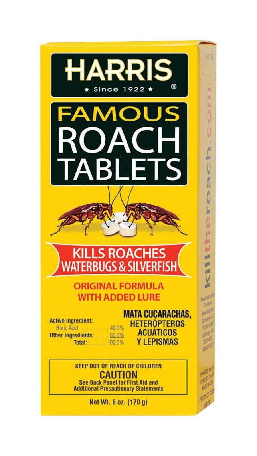 Yellow Harris Famous Roach Tablets retail box showing product name, two roaches and warning panel on front.