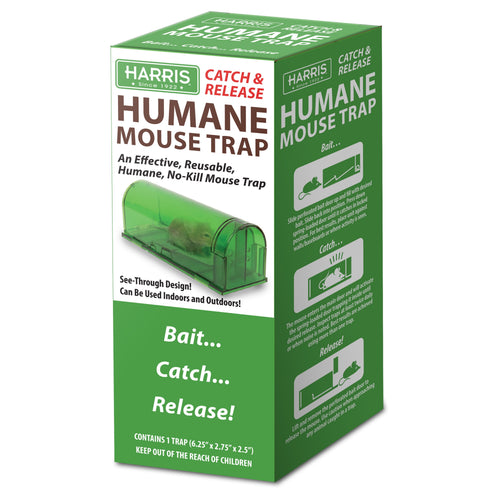 Green boxed retail packaging for Harris Catch & Release humane mouse trap showing product image and instructions