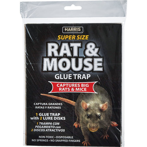 Packaged Harris Super Size Rat & Mouse Glue Trap retail bag with product name and rat image on black background