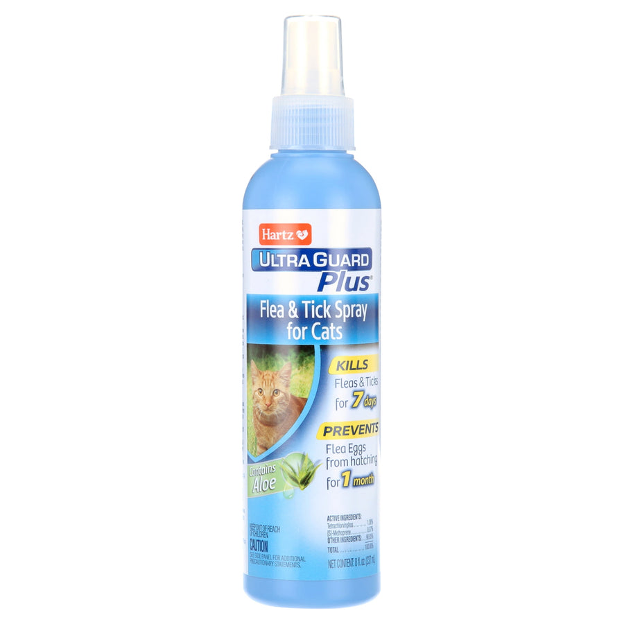 Tall blue Hartz UltraGuard Plus flea and tick spray bottle for cats shown on white background