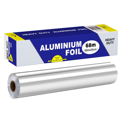 Heavy-duty aluminum foil roll displayed in front of a blue-and-white cardboard box labeled 'ALUMINIUM FOIL'