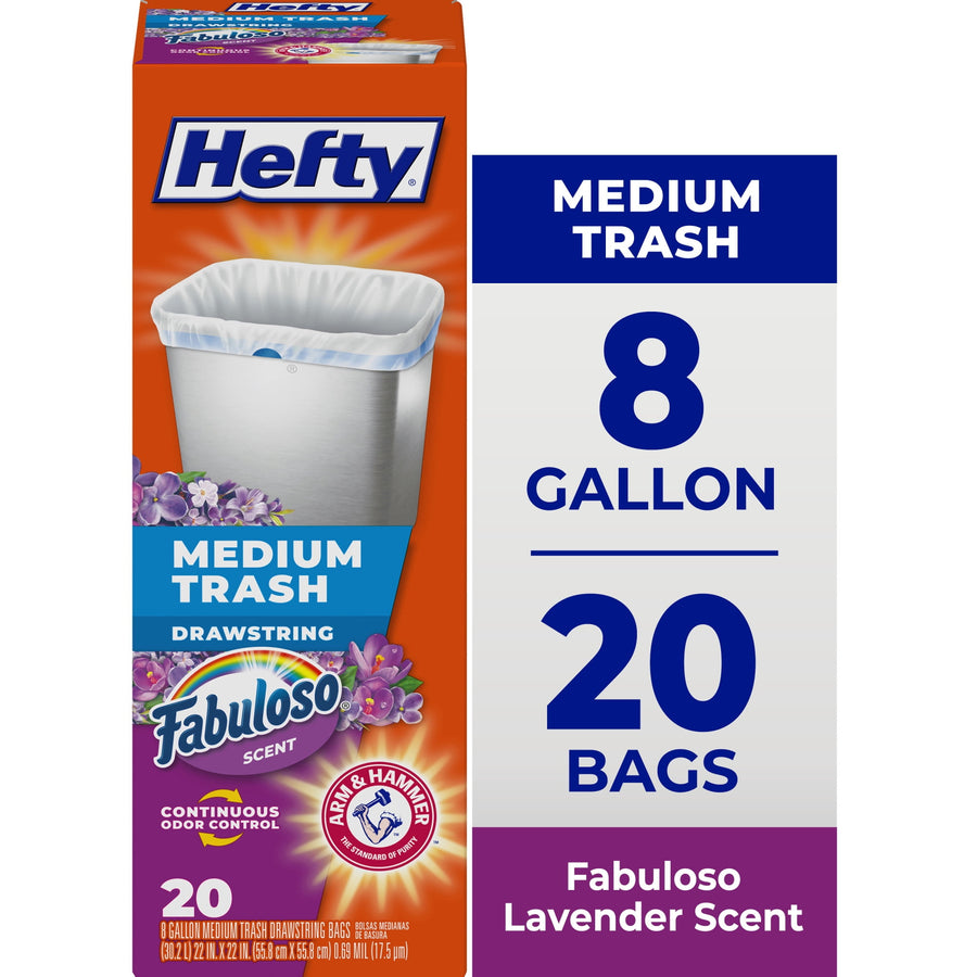 Hefty branded box showing an 8-gallon medium trash bag package with Fabuloso lavender scent branding