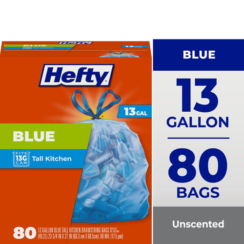 Hefty orange box showing a tied blue 13-gallon trash bag, brand logo and callouts for 13 gallon and 80 bags.