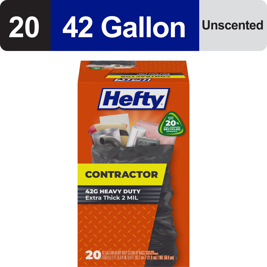 Boxed Hefty Contractor trash bag packaging showing brand logo and product image on orange background