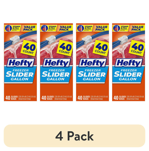 Four boxed Hefty Freezer Slider Gallon packages arranged side-by-side with '40 count' badge and value pack banner.