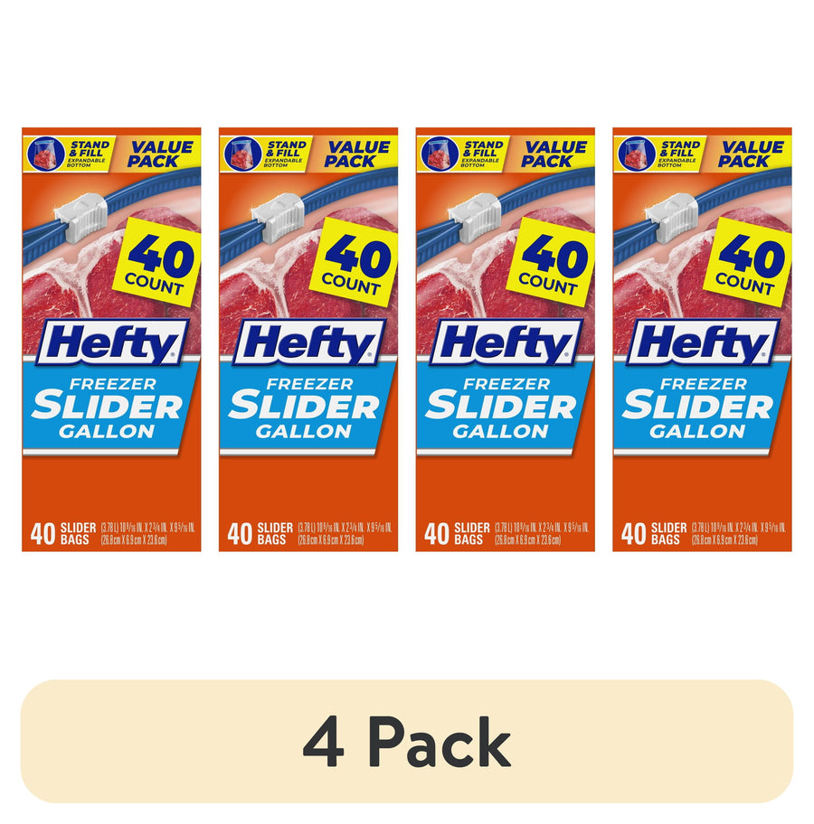 Four boxed Hefty Freezer Slider Gallon packages arranged side-by-side with '40 count' badge and value pack banner.