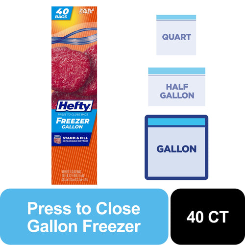 Tall product strip showing Hefty Freezer Gallon box art with large steak image and 40 CT badge