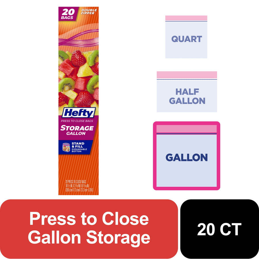 Hefty branded vertical package artwork showing storage gallon bag box with fruit background and size icons