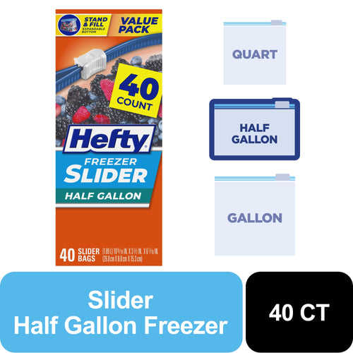 Hefty freezer slider half-gallon box front with 40 count badge and berry image
